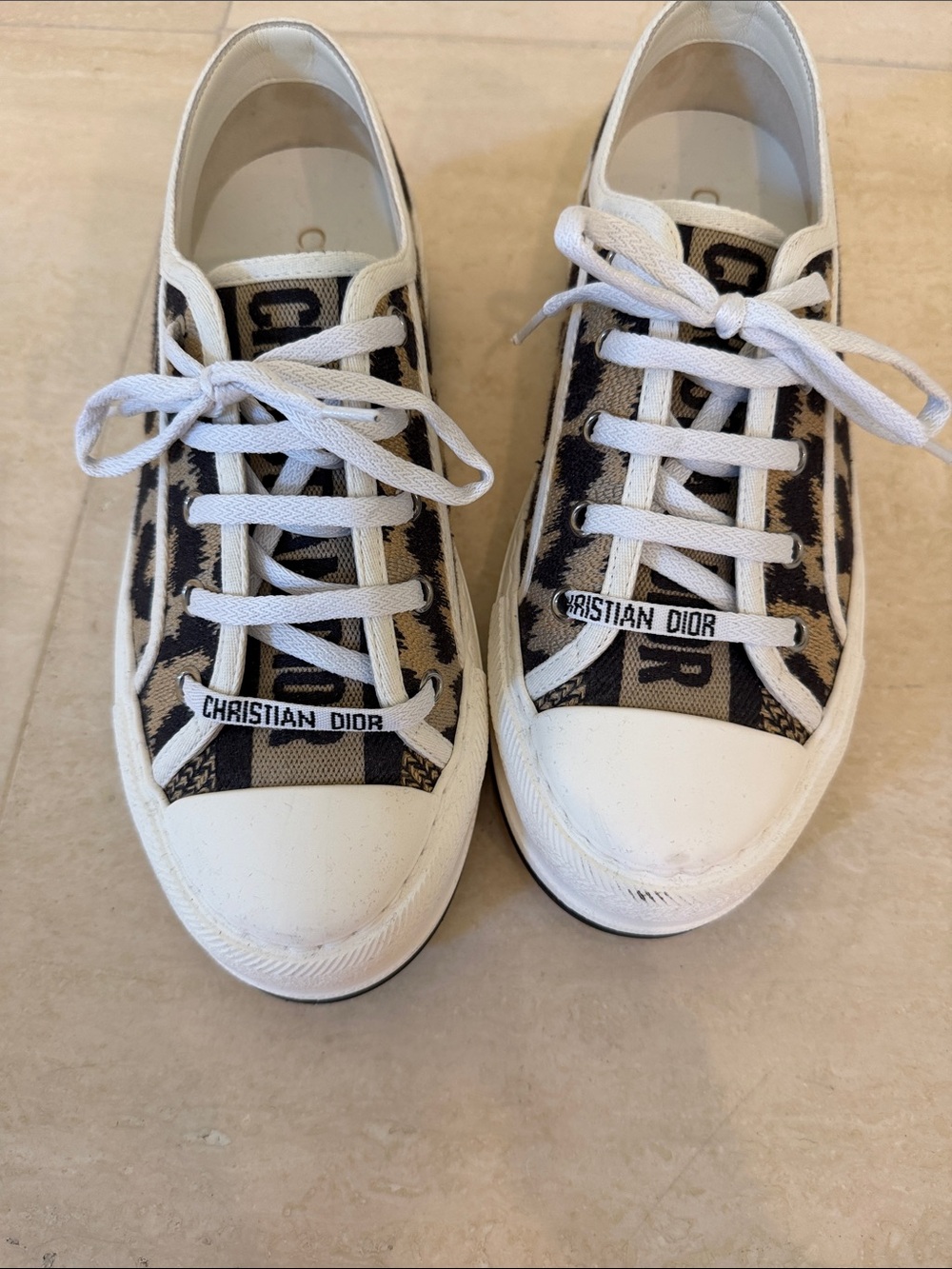 Christian Dior Canvas Low-Top Sneakers in Beige Brown animal print